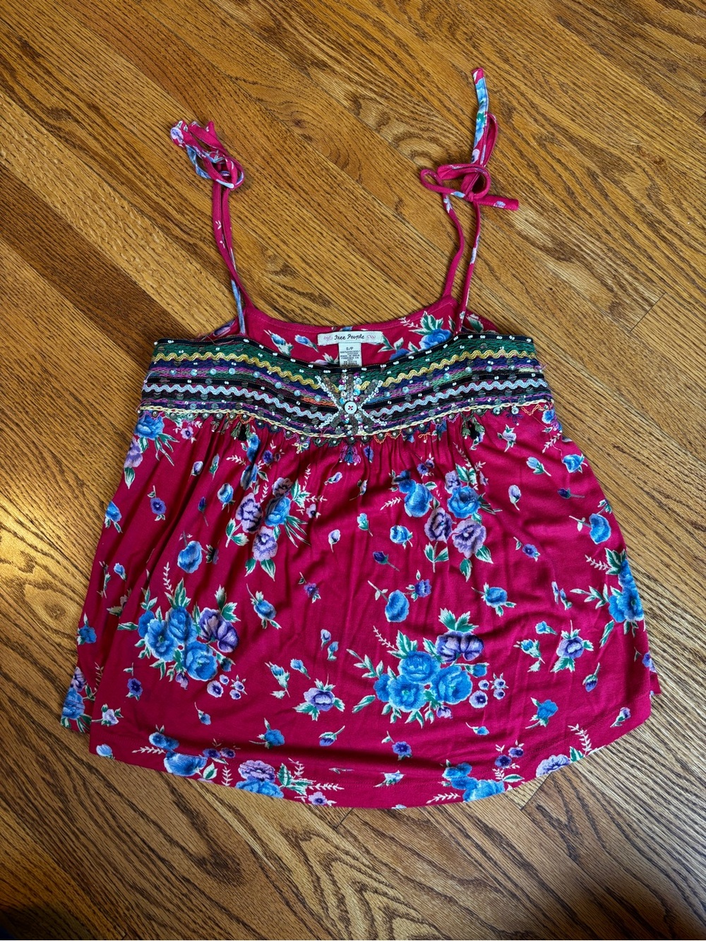 Free People Vintage Red Embroidered Floral Tie-Shoulder Cami